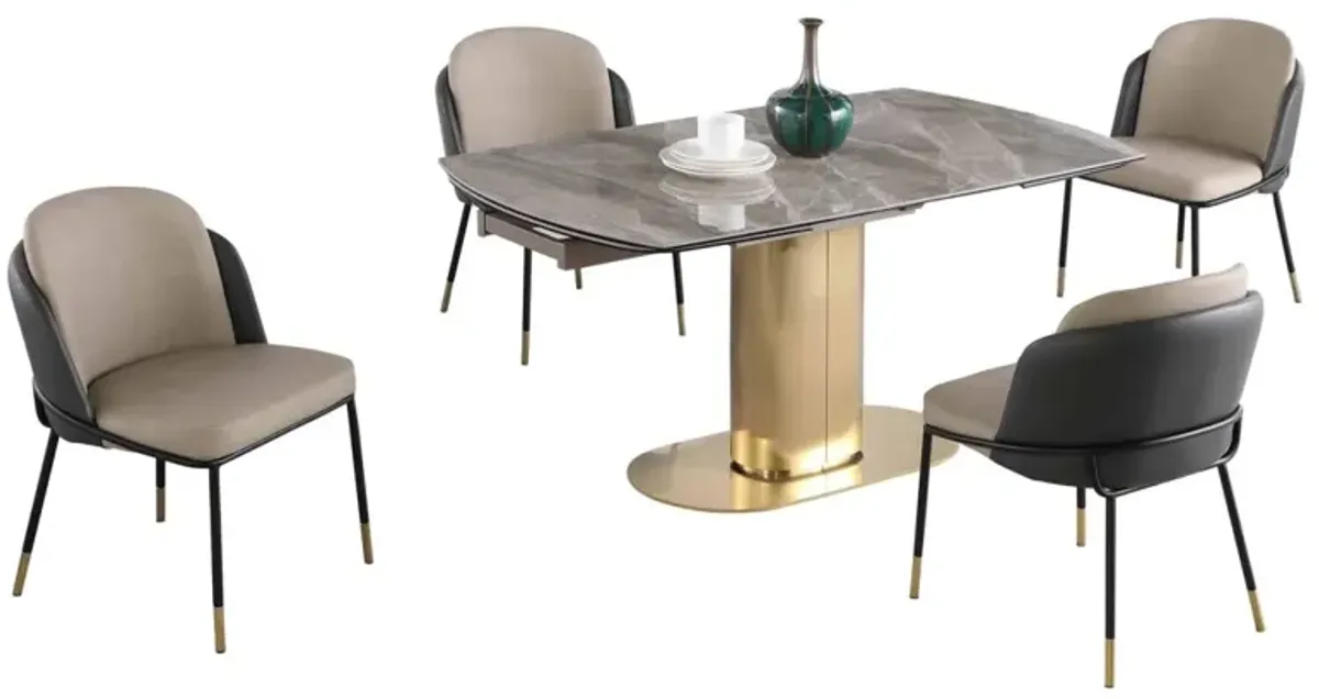 Chintaly Karla Dining Set with Extendable Marbleized Ceramic Table & 2Tone Chairs with Golden Accents