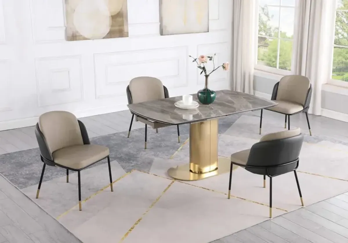 Chintaly Karla Dining Set with Extendable Marbleized Ceramic Table & 2Tone Chairs with Golden Accents