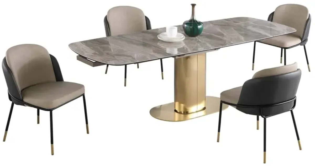 Chintaly Karla Dining Set with Extendable Marbleized Ceramic Table & 2Tone Chairs with Golden Accents