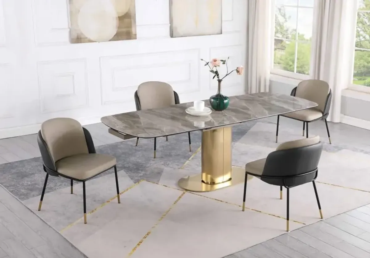 Chintaly Karla Dining Set with Extendable Marbleized Ceramic Table & 2Tone Chairs with Golden Accents