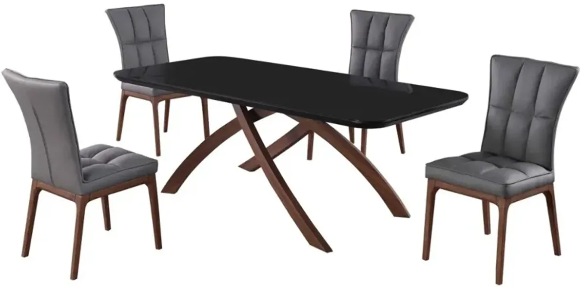 Chintaly Emily Grey Dining Set with Black Glass Table & Tufted Solid Wood Legged Chairs