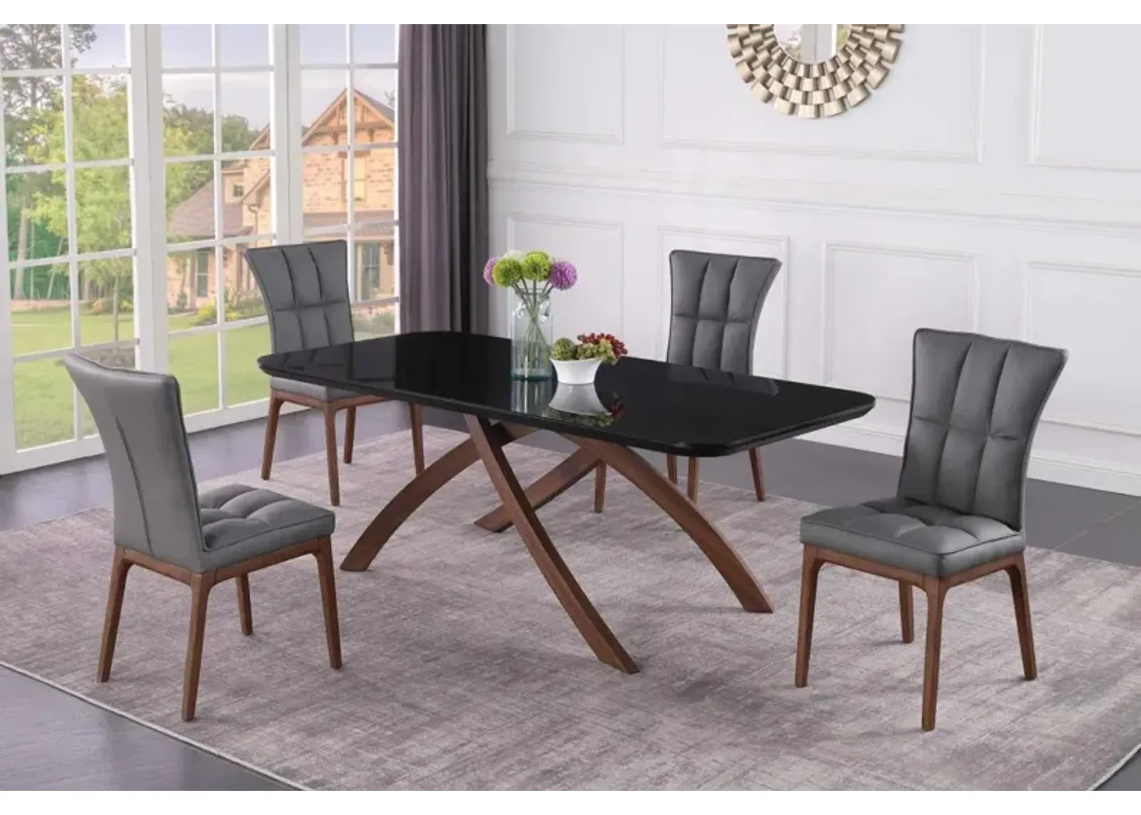 Chintaly Emily Grey Dining Set with Black Glass Table & Tufted Solid Wood Legged Chairs