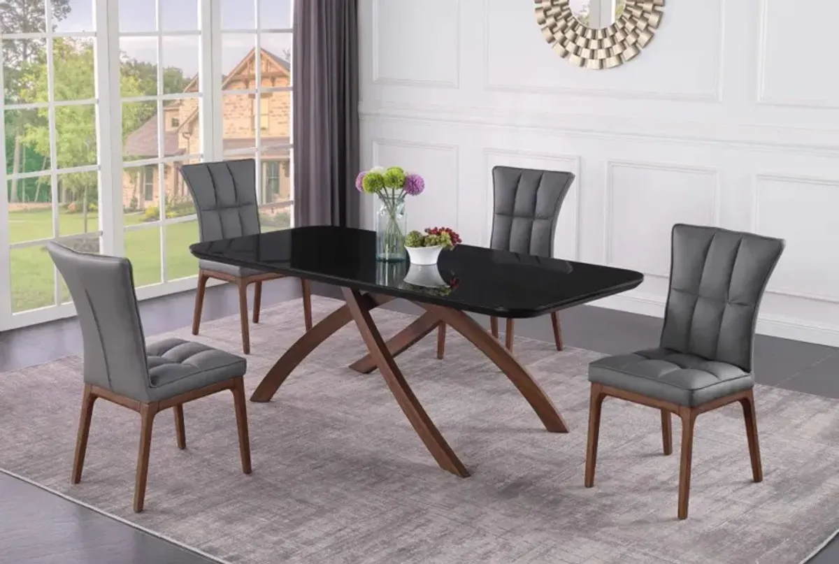 Chintaly Emily Grey Dining Set with Black Glass Table & Tufted Solid Wood Legged Chairs