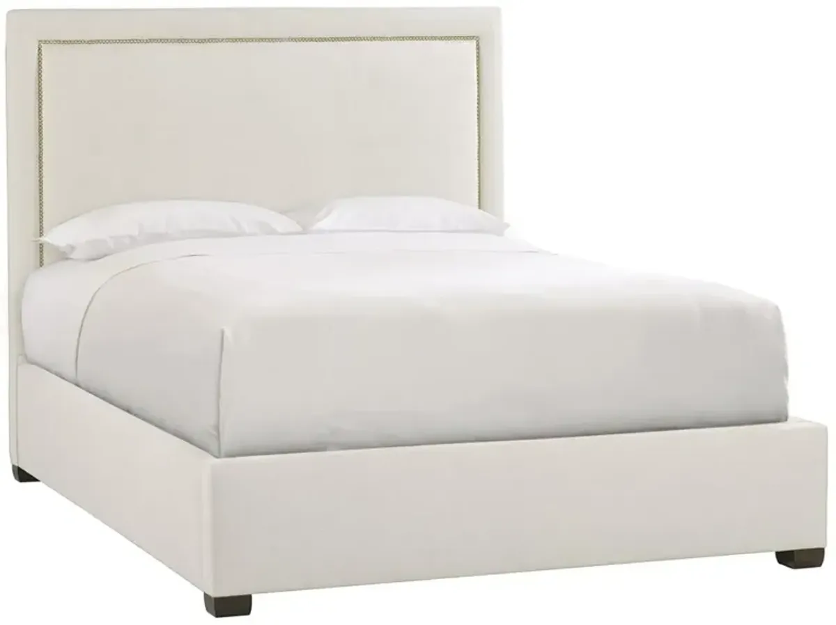 Sophisticated Ivory Linen Bed with Elegant Nailhead Detailing & Plush Headboard