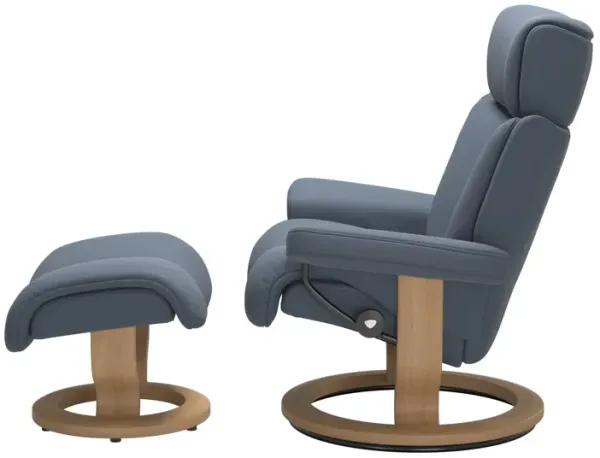 Stressless Magic Medium Classic Base Chair & Ottoman in Sparrow Blue Leather with Oak Finish