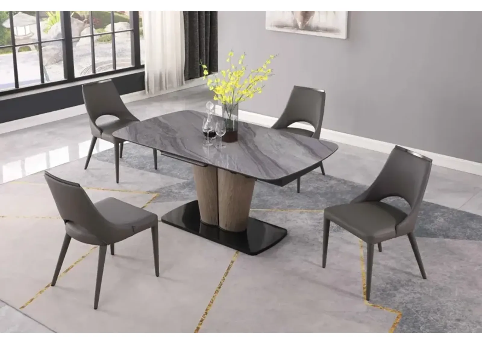 SAMIRA EXTENDABLE CERAMIC MARBLEIZED TOP DINING TABLE WITH WOODEN & STEEL BASE