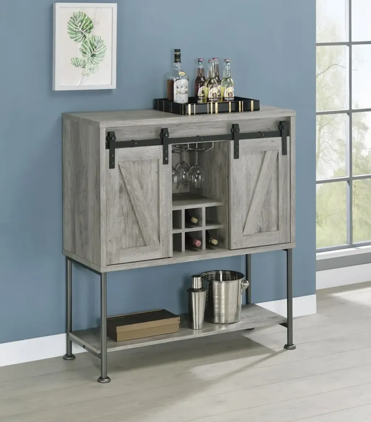 Coaster Claremont Sliding Door Home Bar Wine Cabinet Grey Driftwood