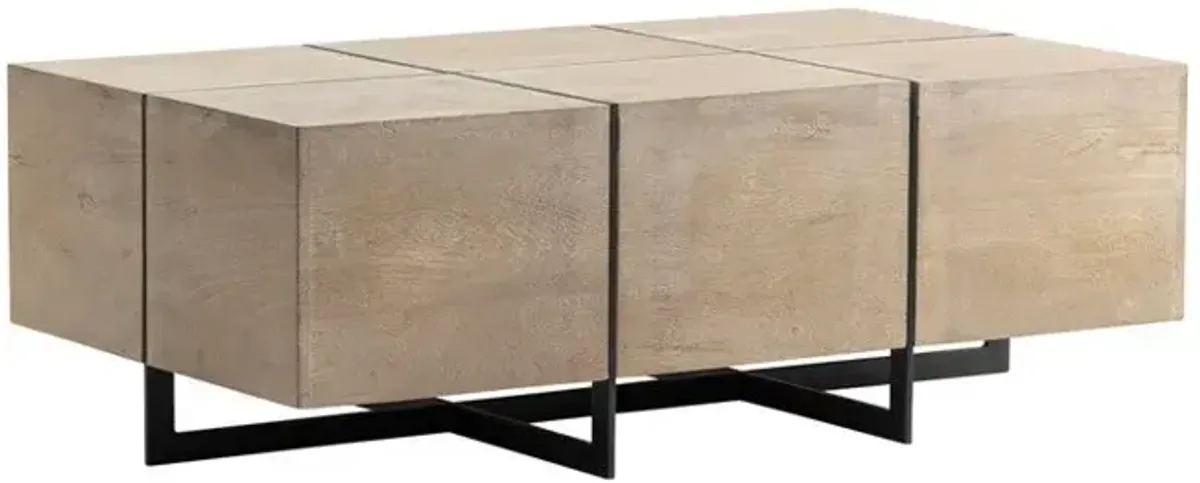 Crestview Bengal Manor Nickel & Acacia Wood White Wash Finish Rectangle Squares Cocktail Table