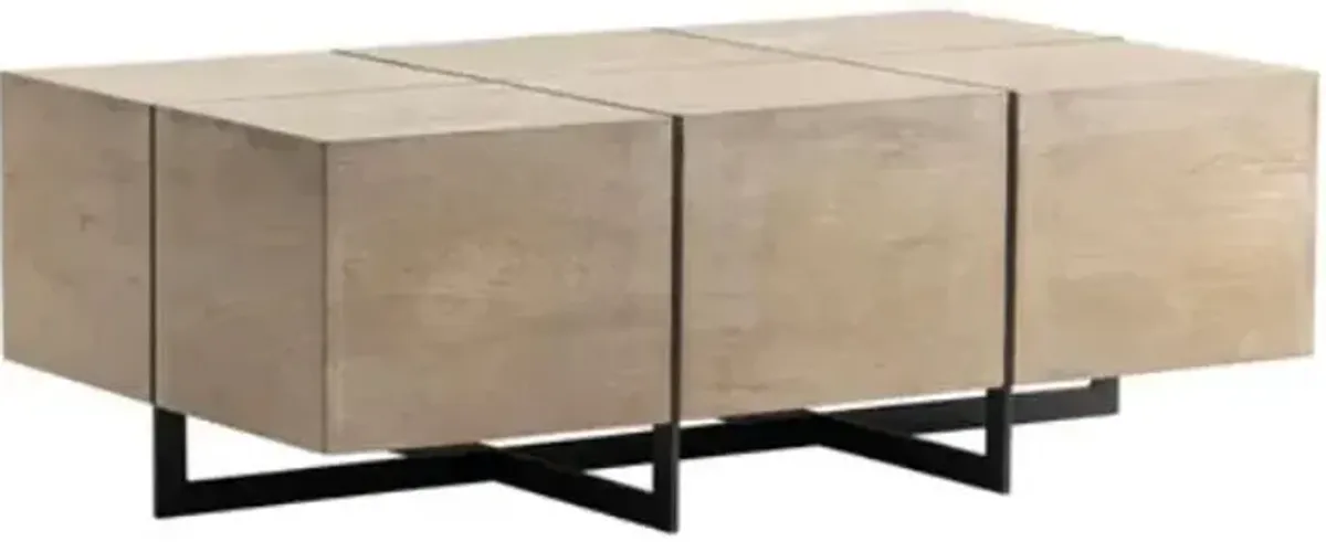 Crestview Bengal Manor Nickel & Acacia Wood White Wash Finish Rectangle Squares Cocktail Table