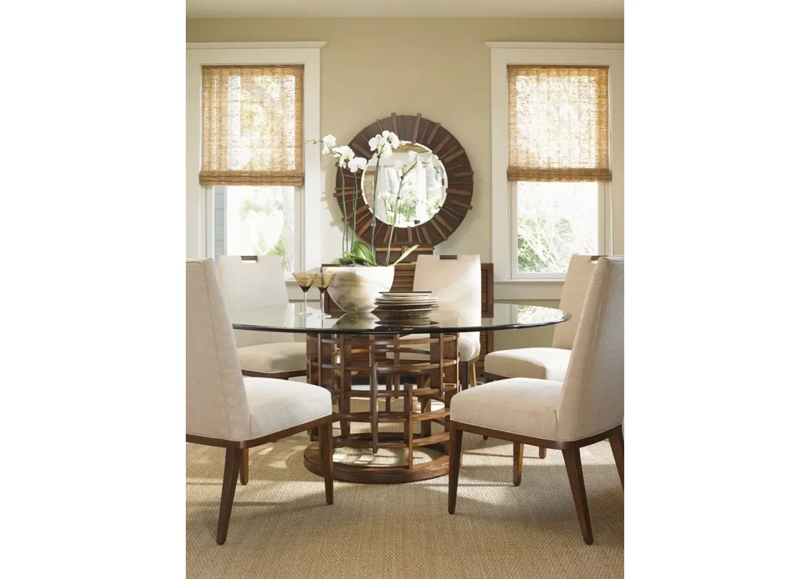 Tommy Bahama Home by Lexington Island Fusion Meridien Round Dining Table with 72 Inch Glass Top