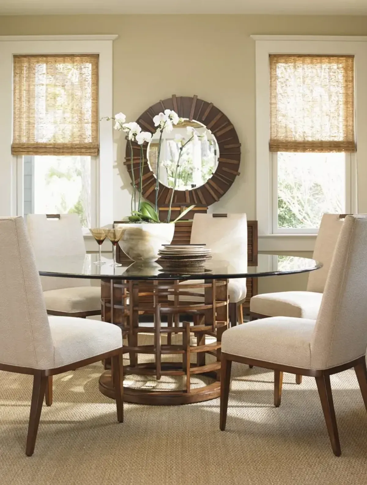 Tommy Bahama Home by Lexington Island Fusion Meridien Round Dining Table with 72 Inch Glass Top