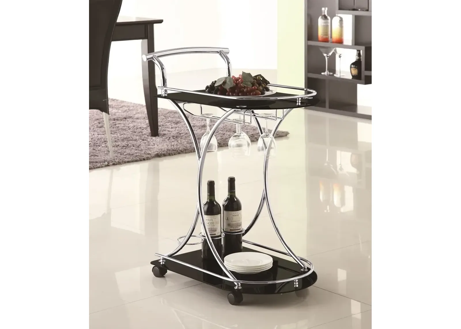 Coaster Elfman 2-Tier Glass Shelf Metal Bar Cart Black & Chrome