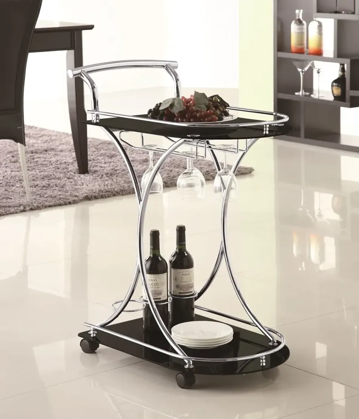 Coaster Elfman 2-Tier Glass Shelf Metal Bar Cart Black & Chrome