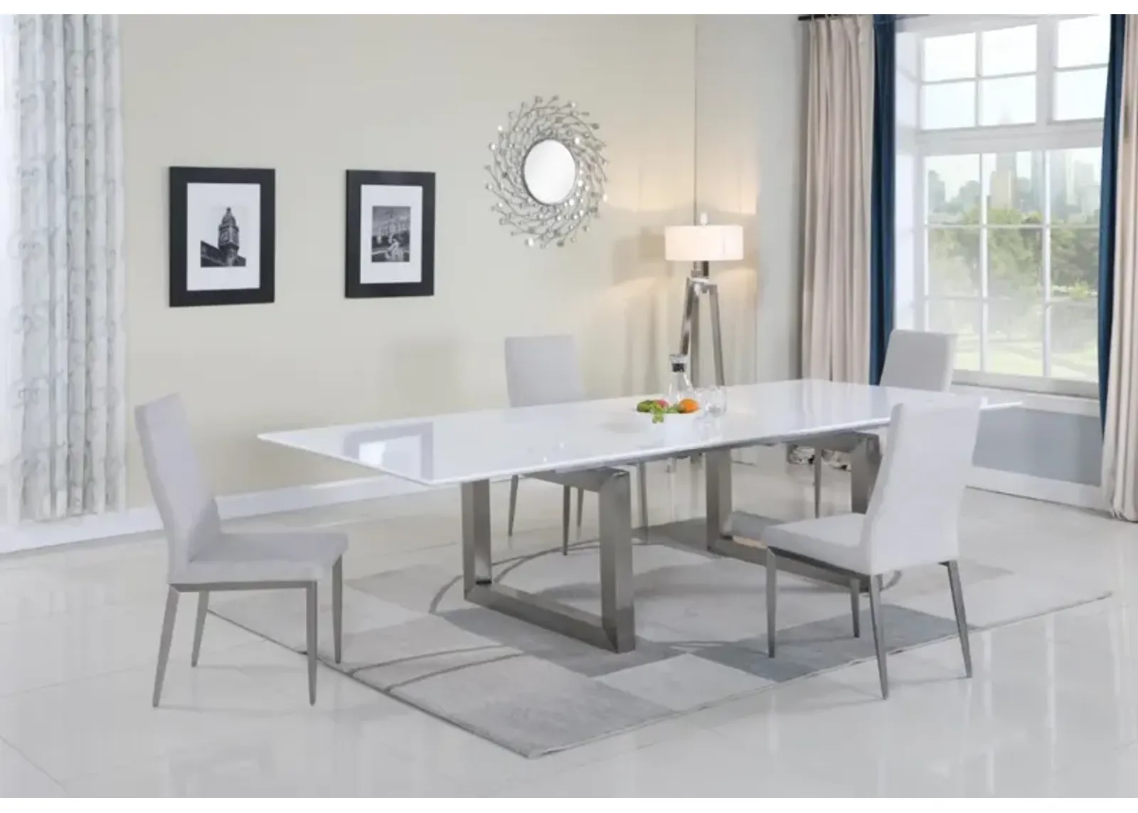 Chintaly Ebony Contemporary Dining Set with White Extendable Table & 4 Gray Chairs