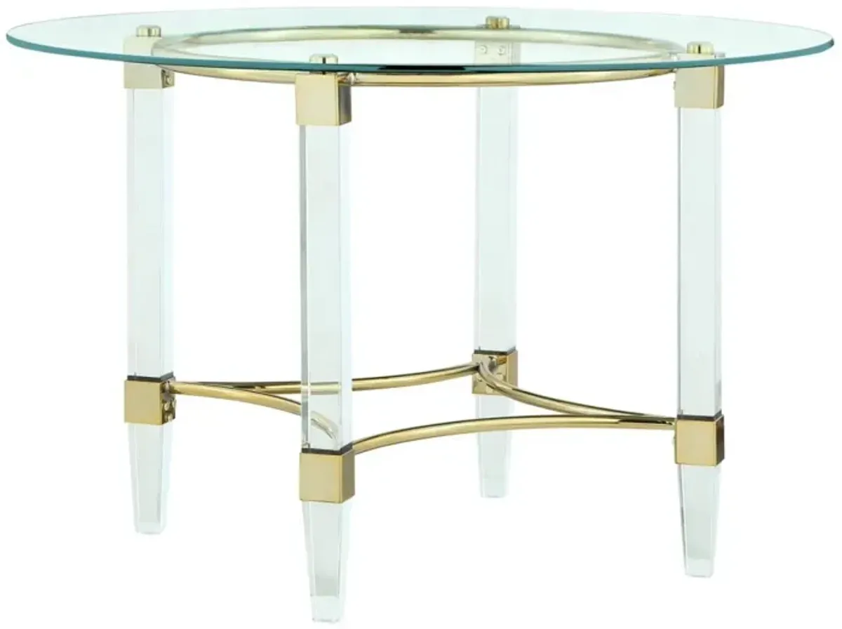 GOLD ROUND GLASS DINING TABLE WITH ACRYLIC & STEEL BASE WITH GOLDEN ACCENTS