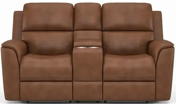 HENRY LEATHER TRIPLE PWR RECL CONSOLE LOVESEAT IN CARAMEL 946-72