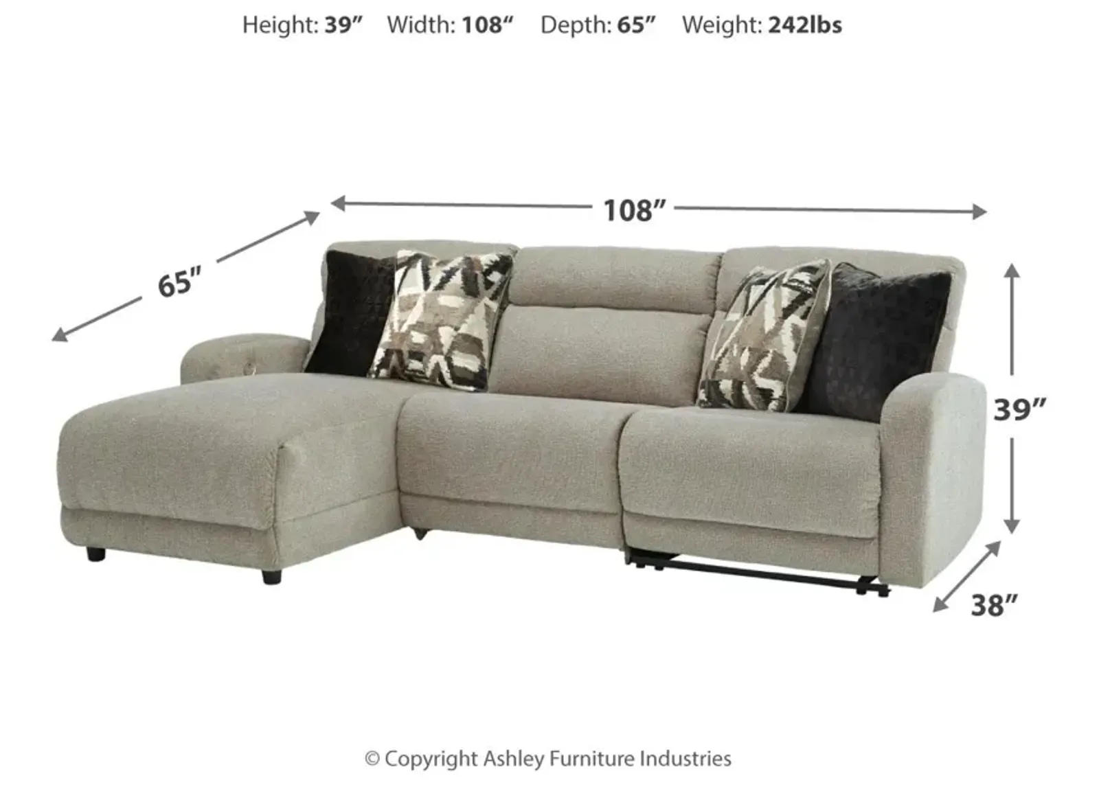 Ashley Colleyville 3-Piece Power Reclining Sectional with Chaise Right-Arm Facing Stone