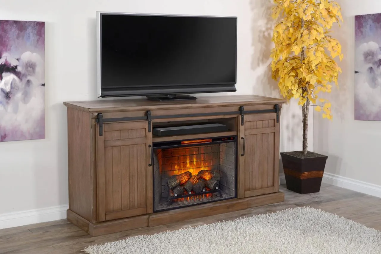 DOE VALLEY BUCKSKIN TV STAND 78 INCH CONSOLE WITH FIREPLACE OPTION