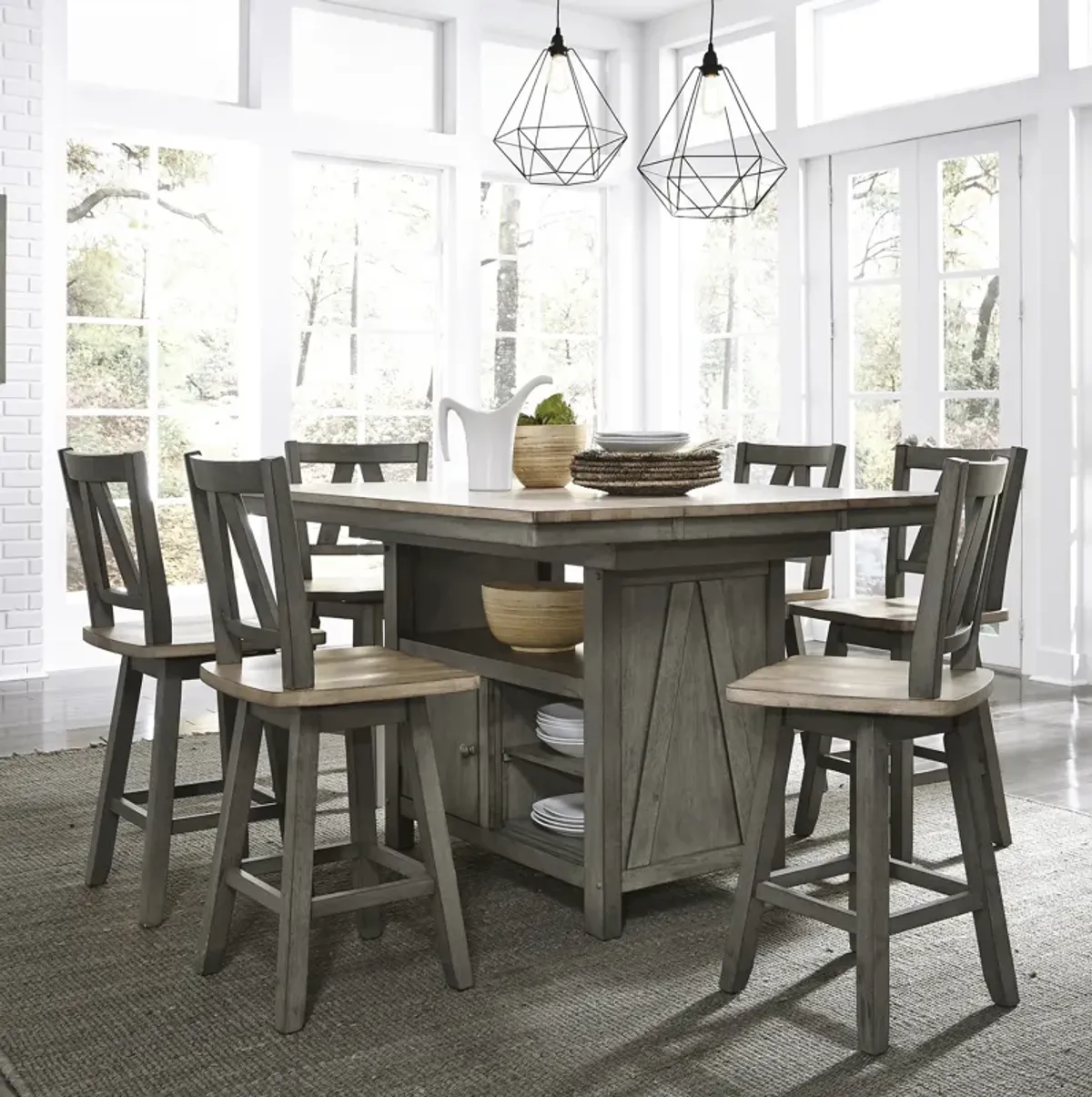 Liberty Furniture 7-Piece Gray & Sandstone Gathering Dining Table Set Lindsey Farm