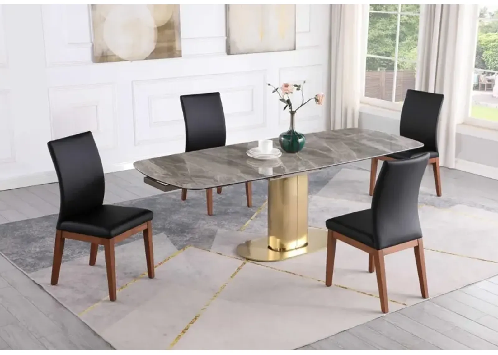 Chintaly Karla Dining Set with Extendable Marbleized Ceramic Table & Solid Wood Chairs