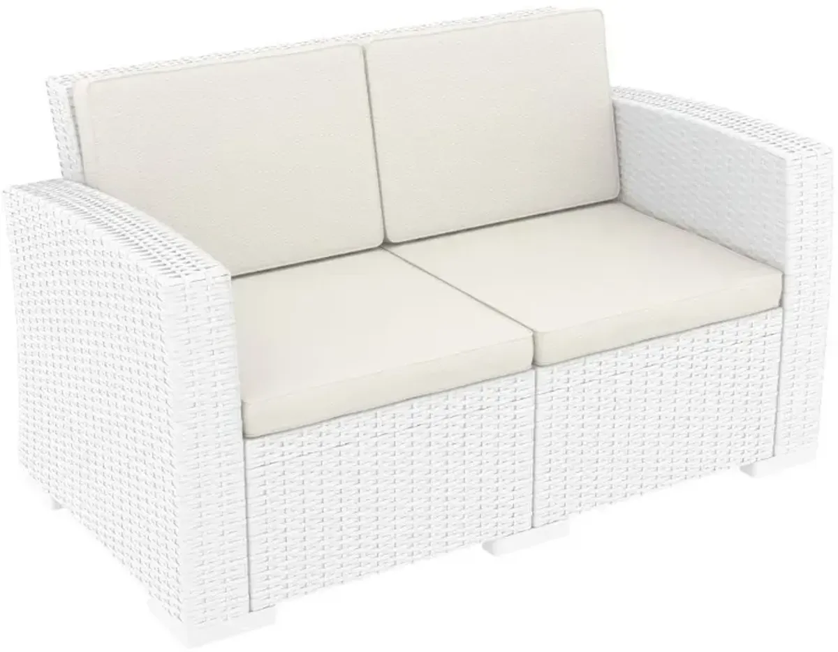 MONACO RESIN PATIO LOVESEAT WHITE WITH SUNBRELLA NATURAL CUSHION