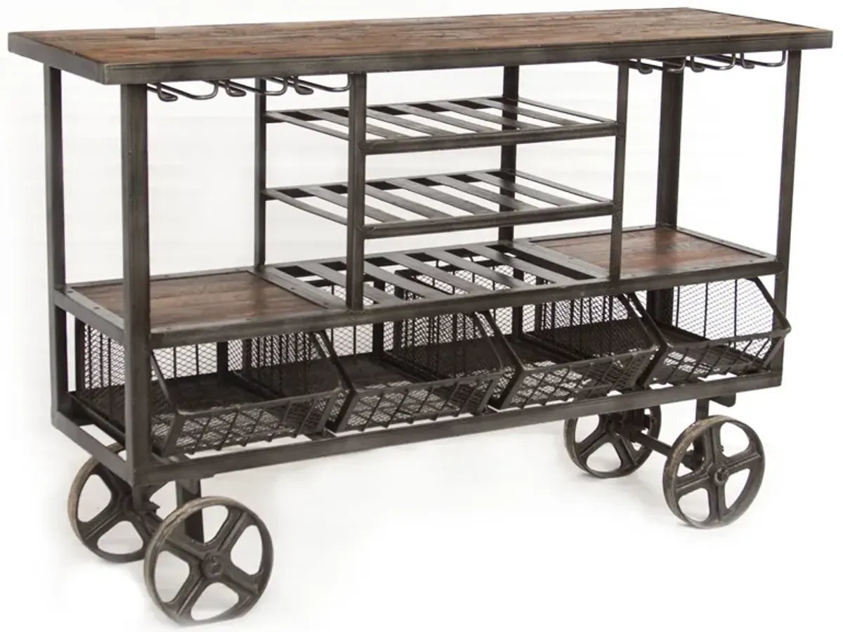 Home Trends Design Industrial Teak 60-Inch Reclaimed Teak Bar Cart with Wheels