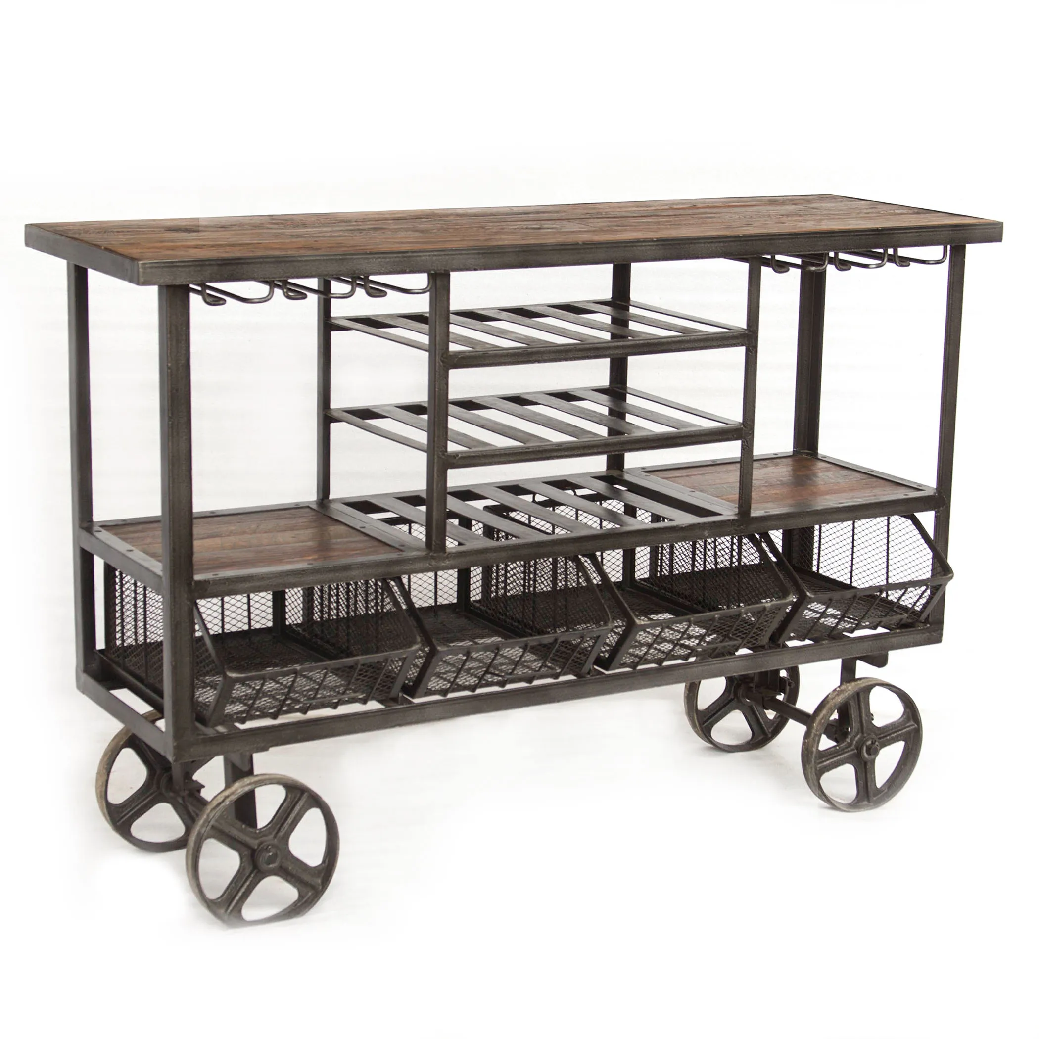 INDUSTRIAL TEAK 60-INCH RECLAIMED TEAK BAR CART WITH WHEELS