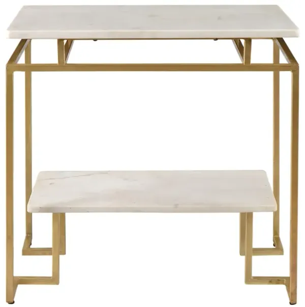 PORTIA CONTEMPORARY WHITE MARBLE ACCENT SIDE END TABLE WITH FLOATING SHELF
