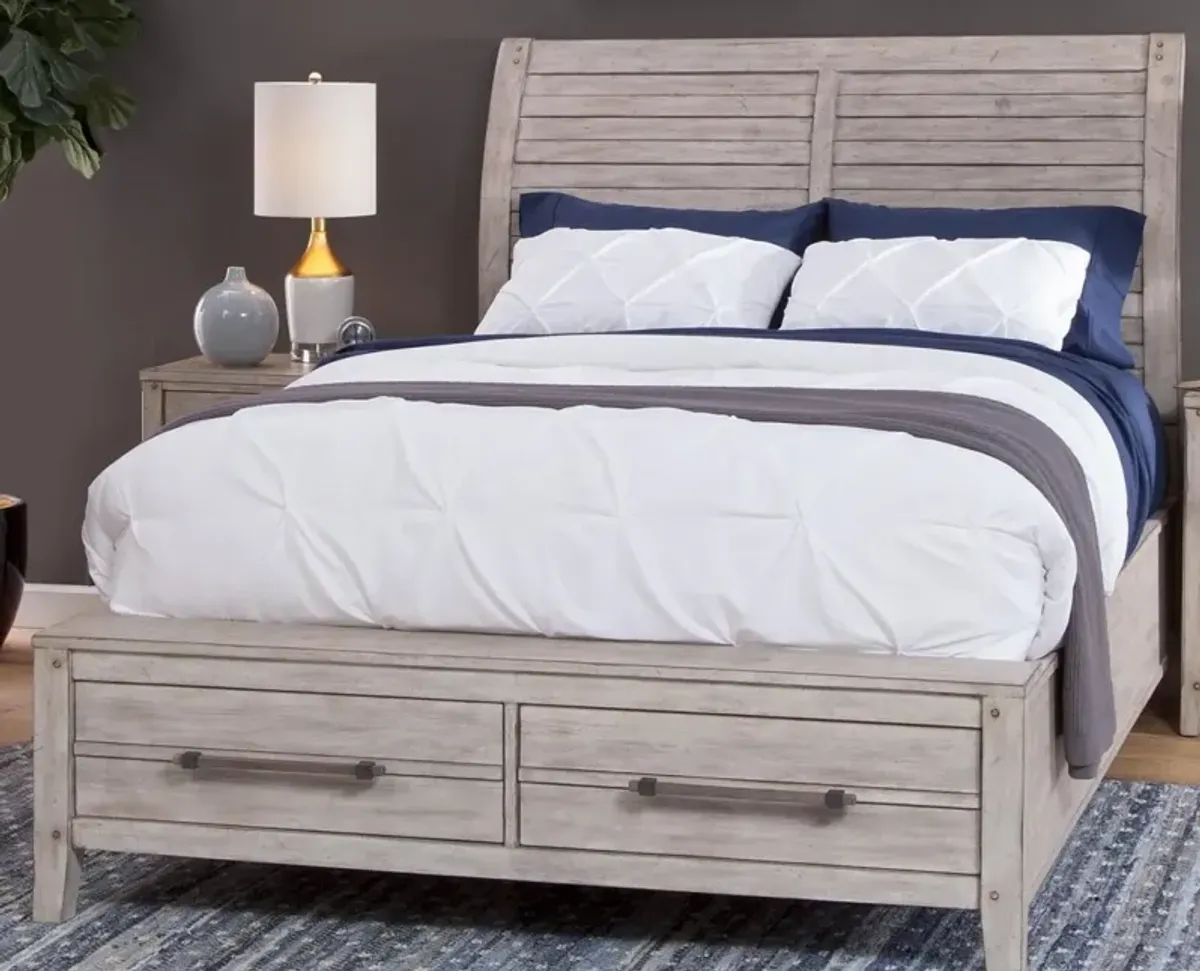 American Woodcrafters Aurora King Sleigh Bed with Storage Footboard in Whitewash