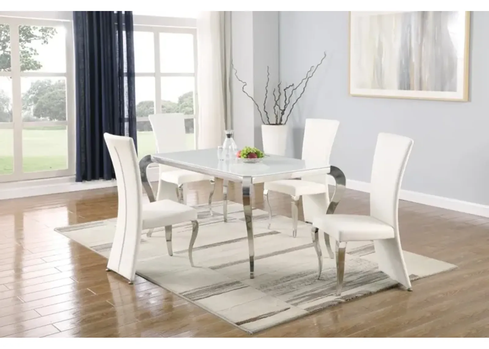 Chintaly Teresa White Dining Set with Starphire Glass Top & 4 High-Back Chairs