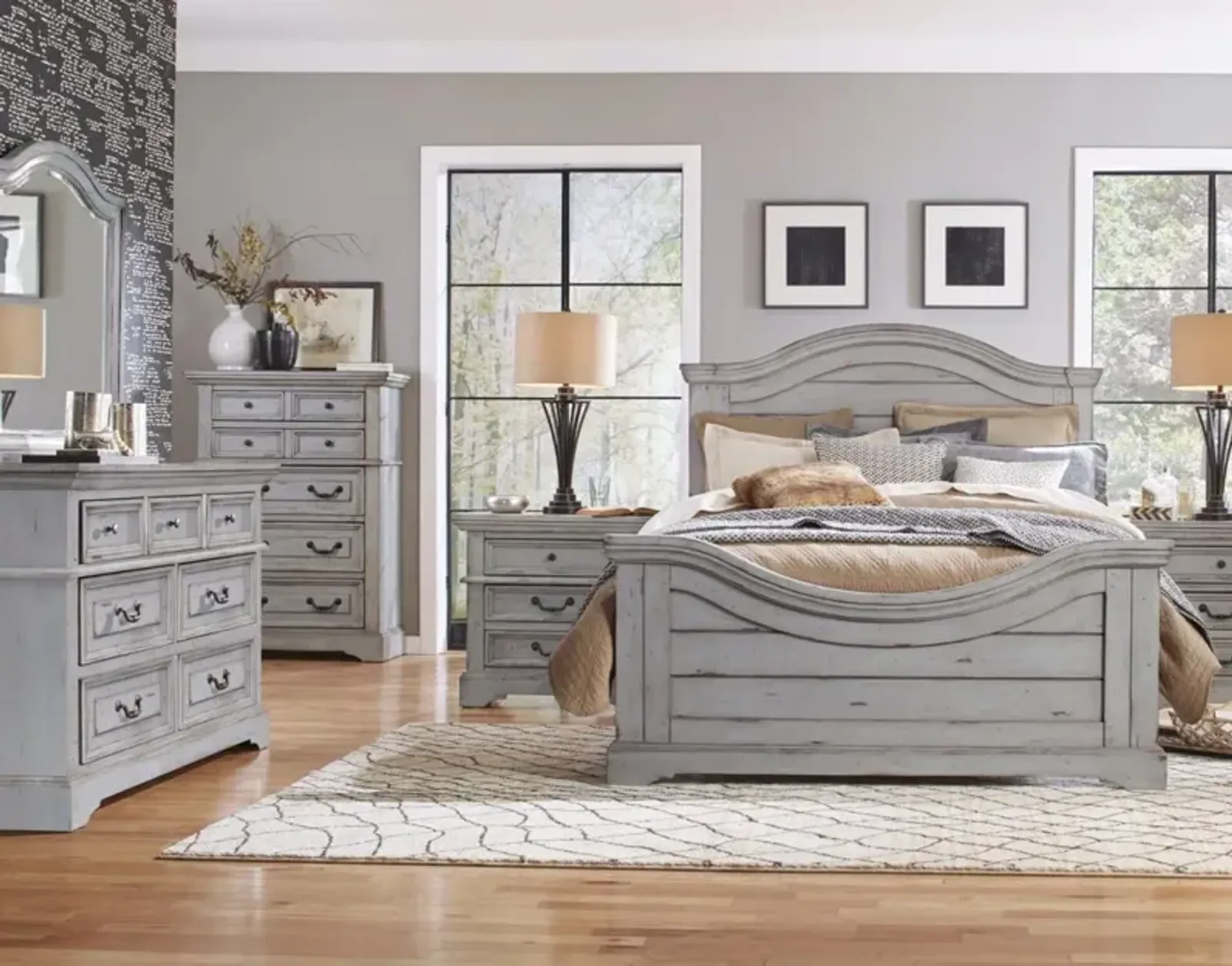 American Woodcrafters Complete Queen Bedroom Set Panel Bed, Dresser, Mirror & Nightstand Light Distressed Antique Gray Stonebrook