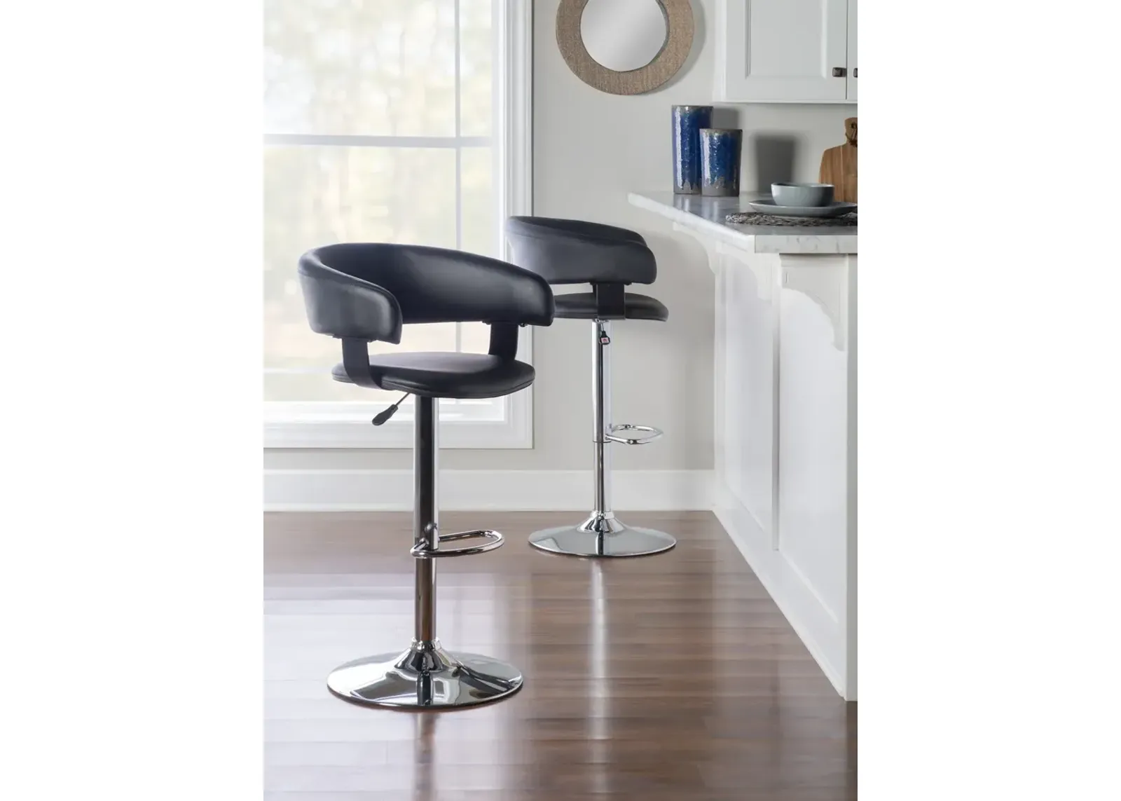 BLACK FAUX LEATHER BARREL & CHROME ADJUSTABLE HEIGHT BAR STOOL