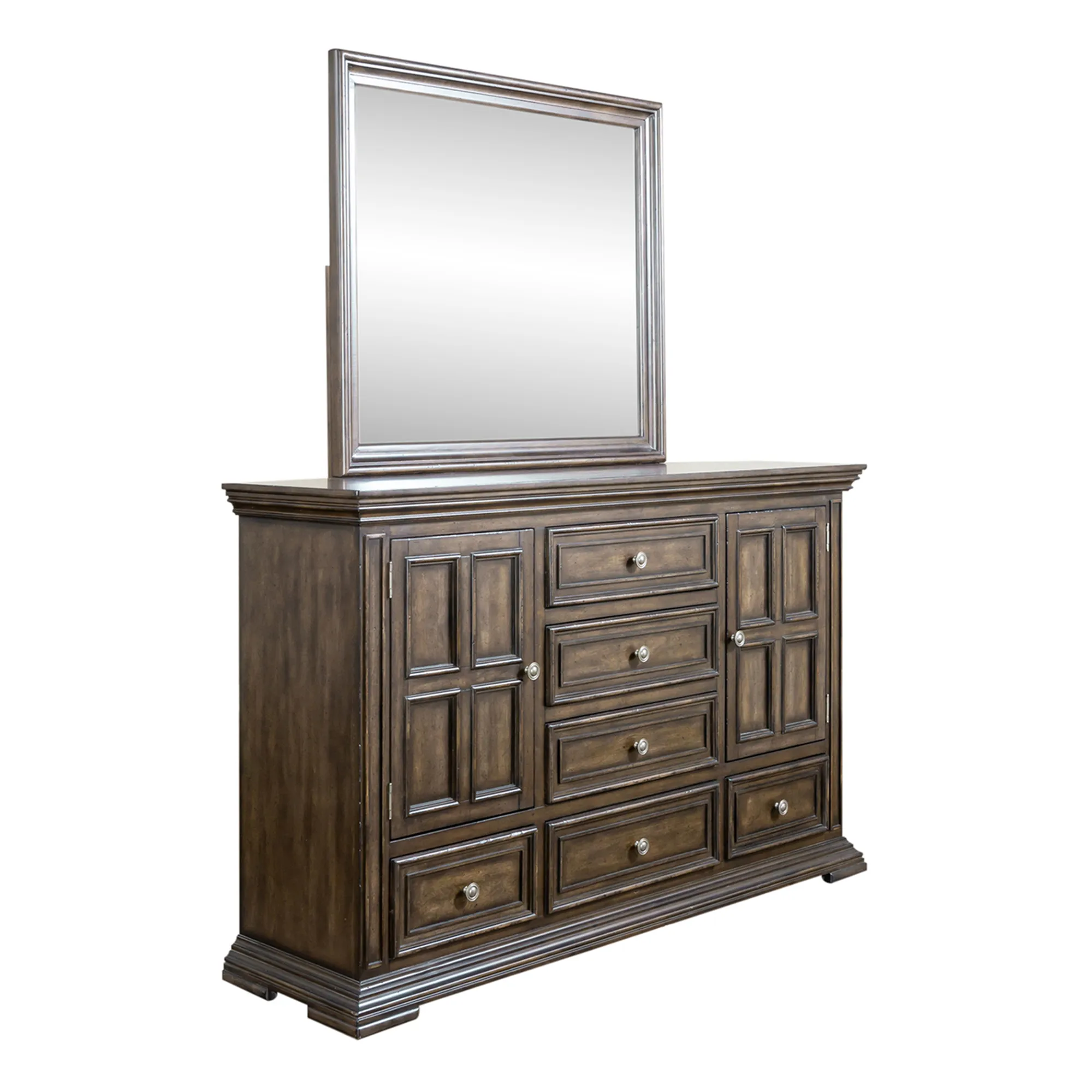 KING PANEL BED DRESSER & MIRROR CHEST - BIG VALLEY