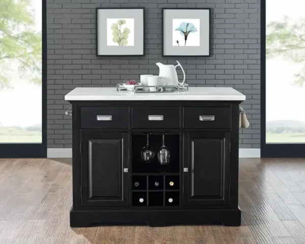 Steve Silver Aspen 3-Piece White Marble Top Kitchen Island Table & Stools Set In Ebony Black