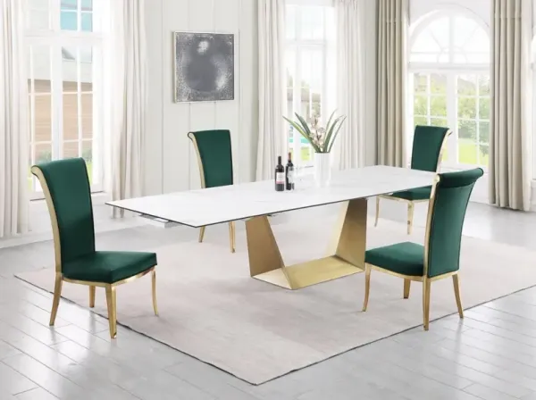 Chintaly Scarlette Green/Brushed Gold Contemporary Dining Set with Extendable Table & Golden Frame Chairs