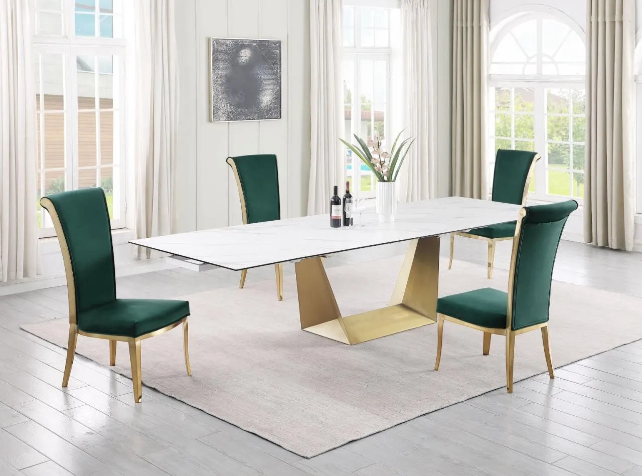 SCARLETTE GREEN/BRUSHED GOLD CONTEMPORARY DINING SET WITH EXTENDABLE TABLE & GOLDEN FRAME CHAIRS