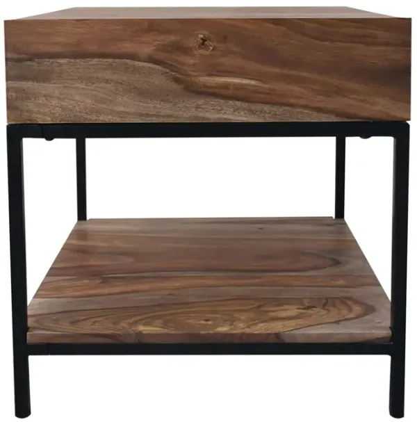 MERCER RUSTIC 1 DRAWER END OR SIDE TABLE WITH SHELF - NATURAL FINISH WITH BLACK METAL LEGS