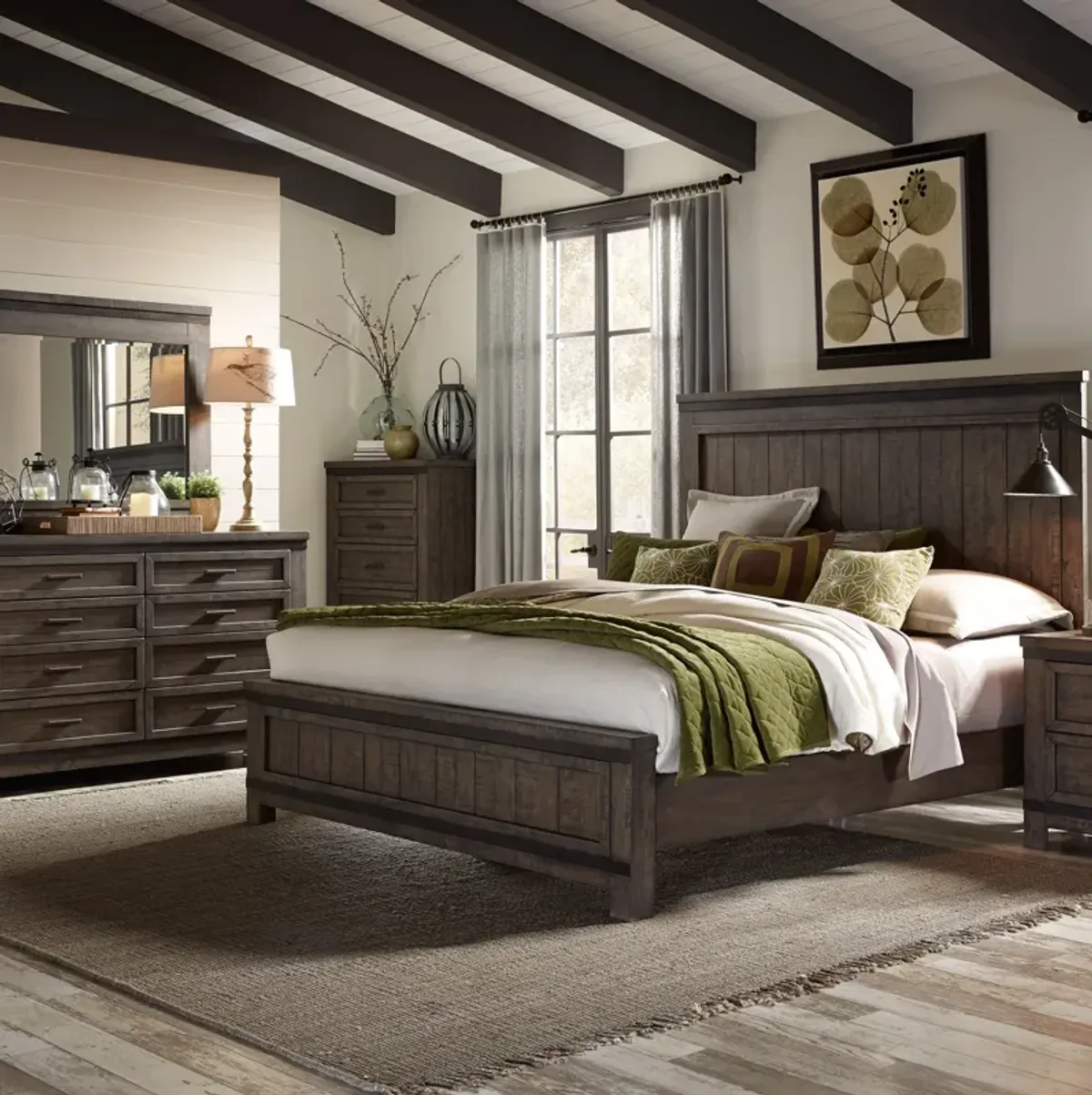 Liberty Furniture Complete Queen Bedroom Set Panel Bed, Dresser, Mirror & Chest Thornwood Hills