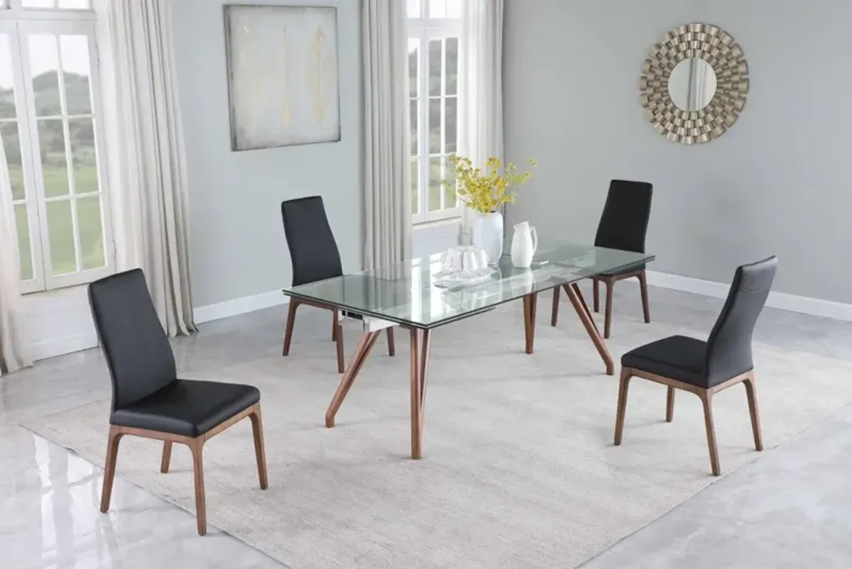 Chintaly Erika Black Modern Dining Set with Extendable Glass Table & Black Contour Back Upholstered Side Chairs