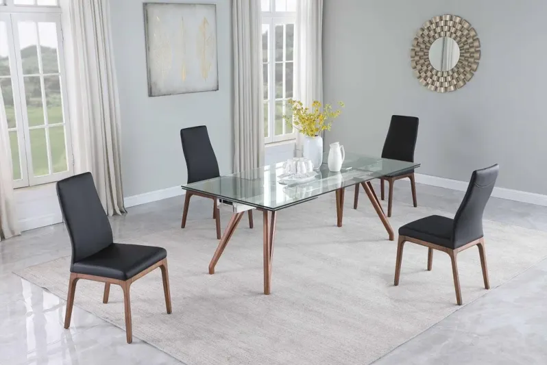 ERIKA BLACK MODERN DINING SET WITH EXTENDABLE GLASS TABLE & BLACK CONTOUR BACK UPHOLSTERED SIDE CHAIRS