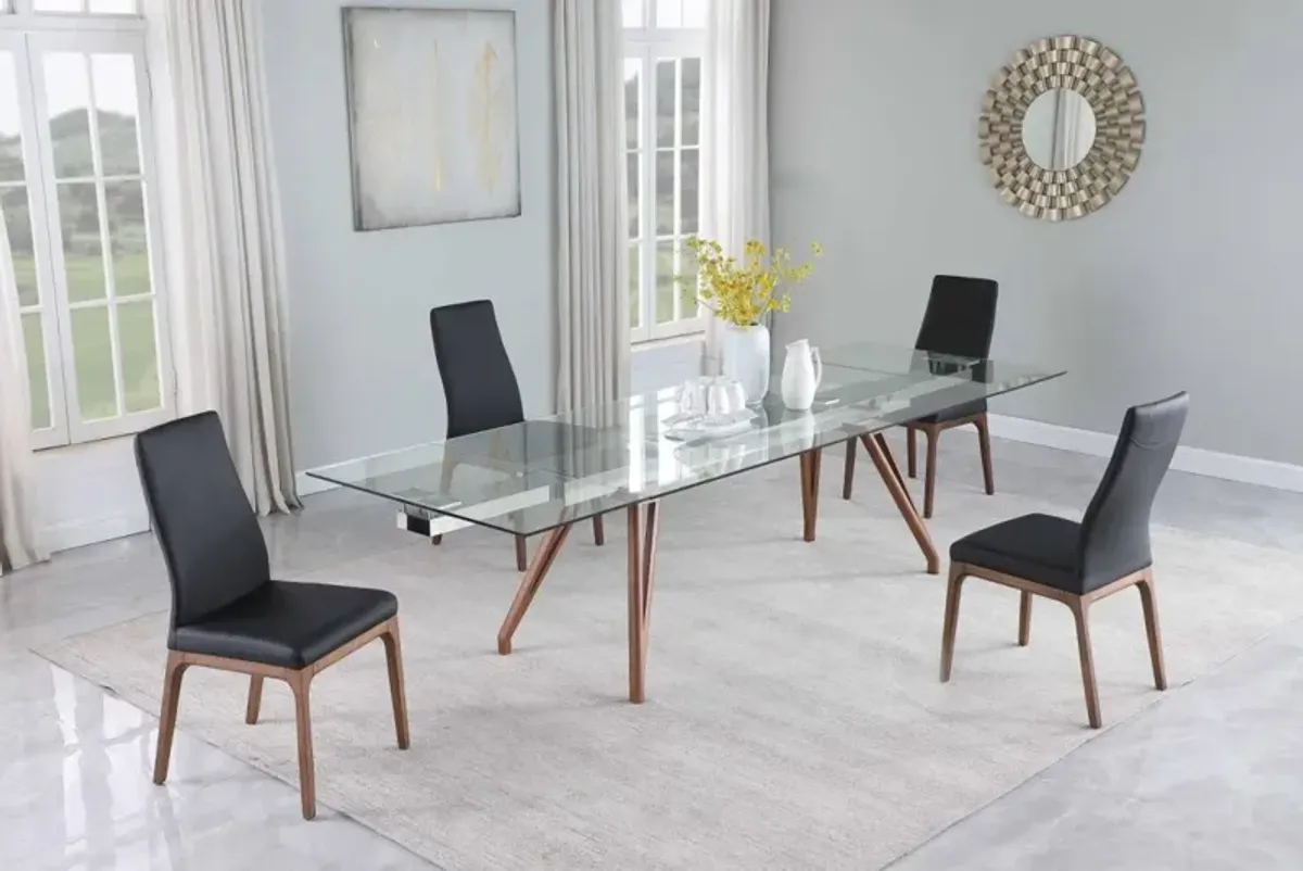 Chintaly Erika Black Modern Dining Set with Extendable Glass Table & Black Contour Back Upholstered Side Chairs