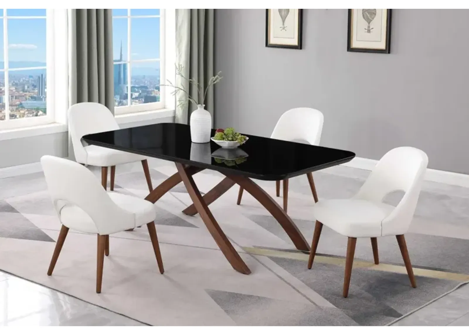 Chintaly Emily Dining Set with Black Glass Table & Open Back Chairs