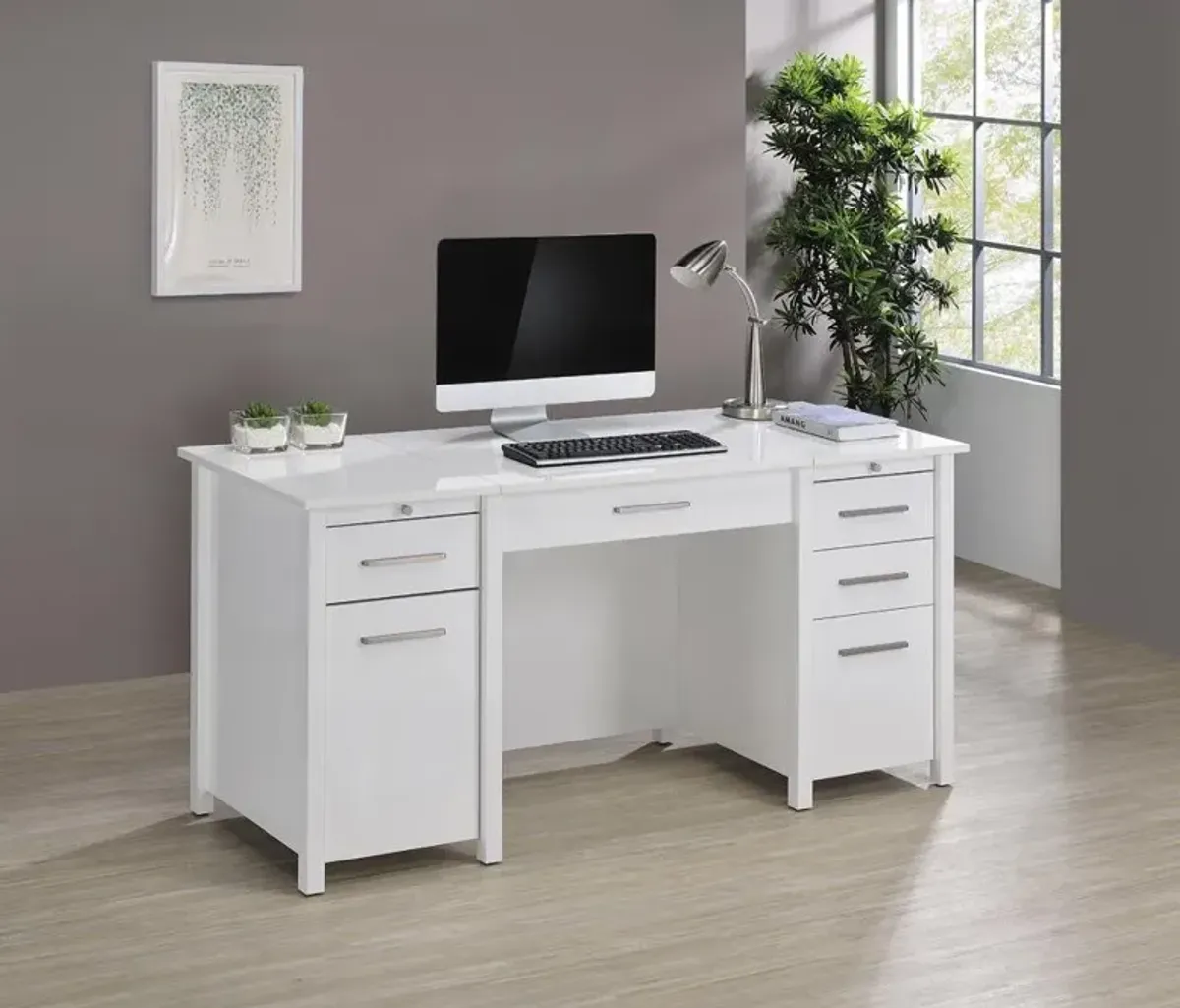 Coaster Dylan 60 Inch 4-Drawer Lift-Top Office Desk White High Gloss