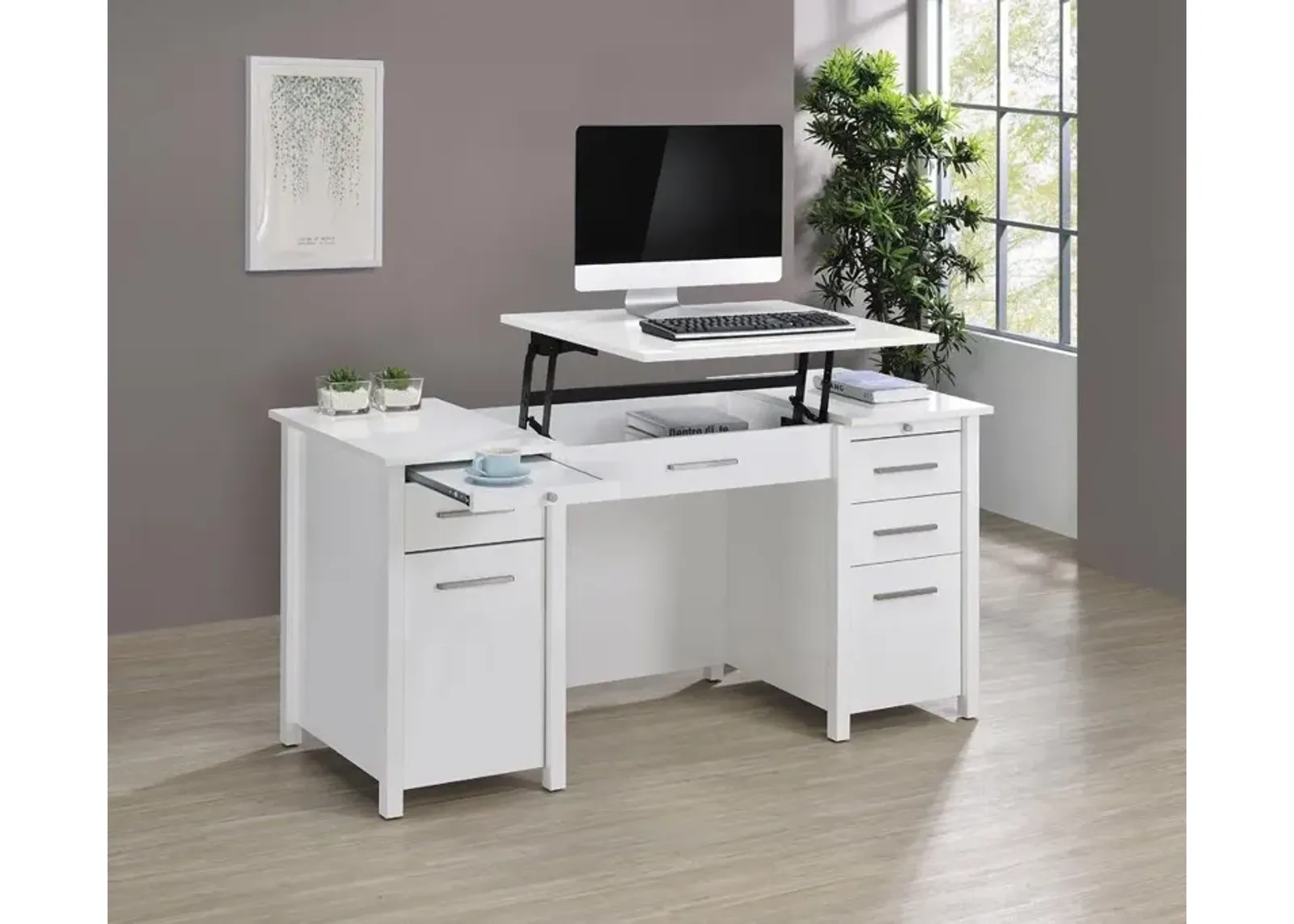 Coaster Dylan 60 Inch 4-Drawer Lift-Top Office Desk White High Gloss