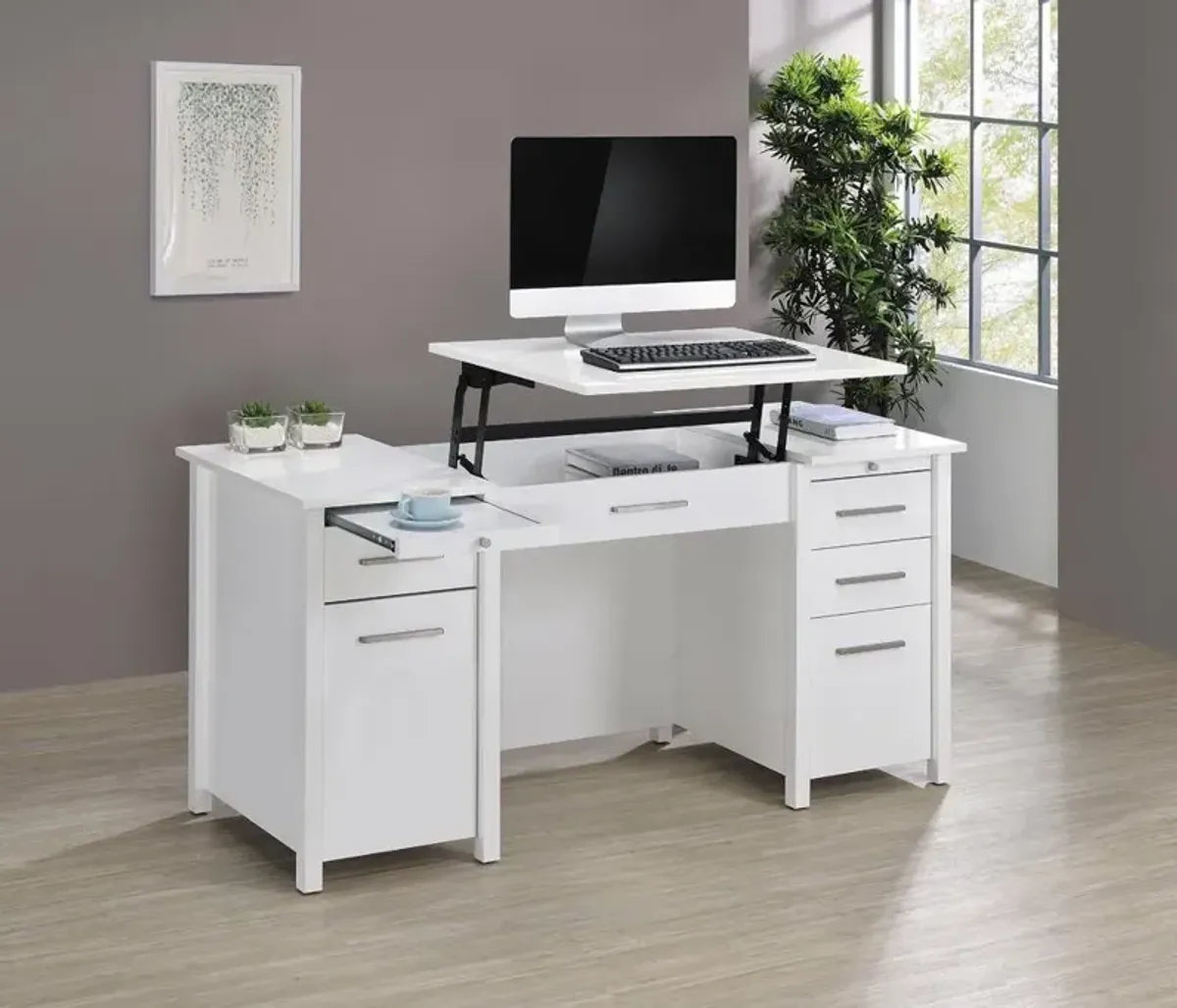 Coaster Dylan 60 Inch 4-Drawer Lift-Top Office Desk White High Gloss