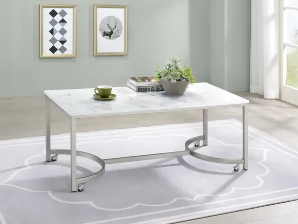 Leona Faux Marble Coffee Table With Casters Satin Nickel