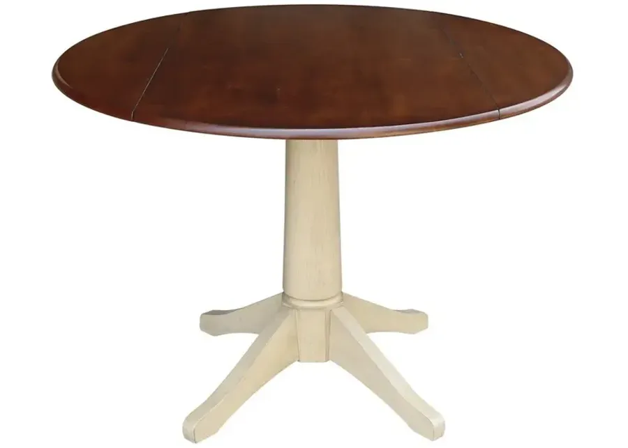 DINING ESSENTIALS 42 INCH DROP LEAF TABLE TOP WITH 30 INCH TRANSITIONAL PEDESTAL BASE IN ESPRESSO & ALMOND