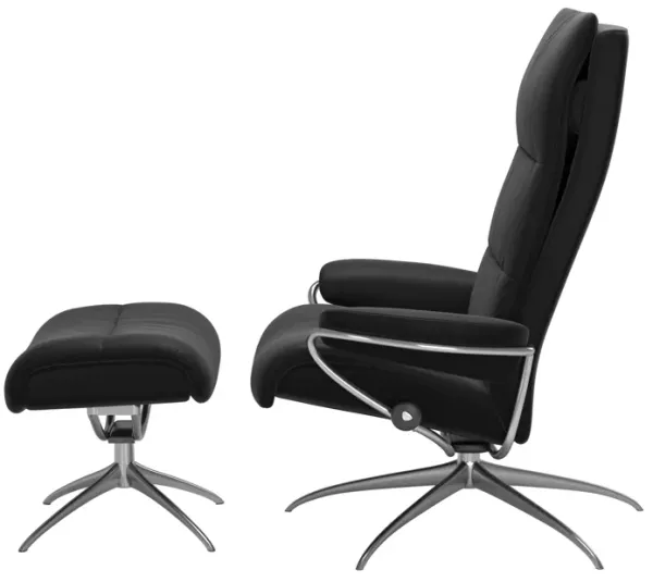 Stressless Tokyo High Back Chair & Ottoman in Paloma Black with a Steel Finish