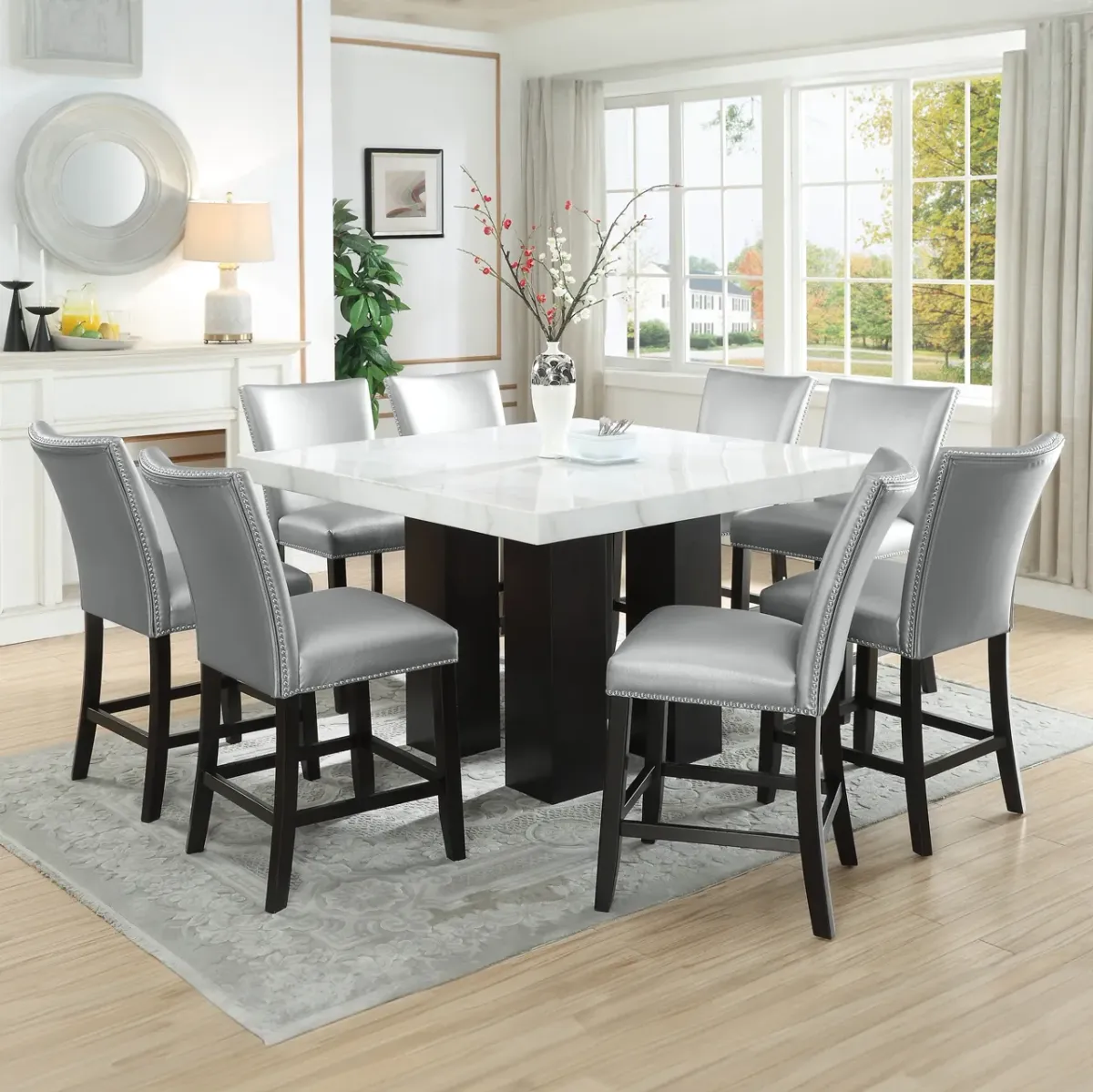 Steve Silver Camila 9-Piece Counter-Height Table & 8 Silver Faux-Leather Chairs Set