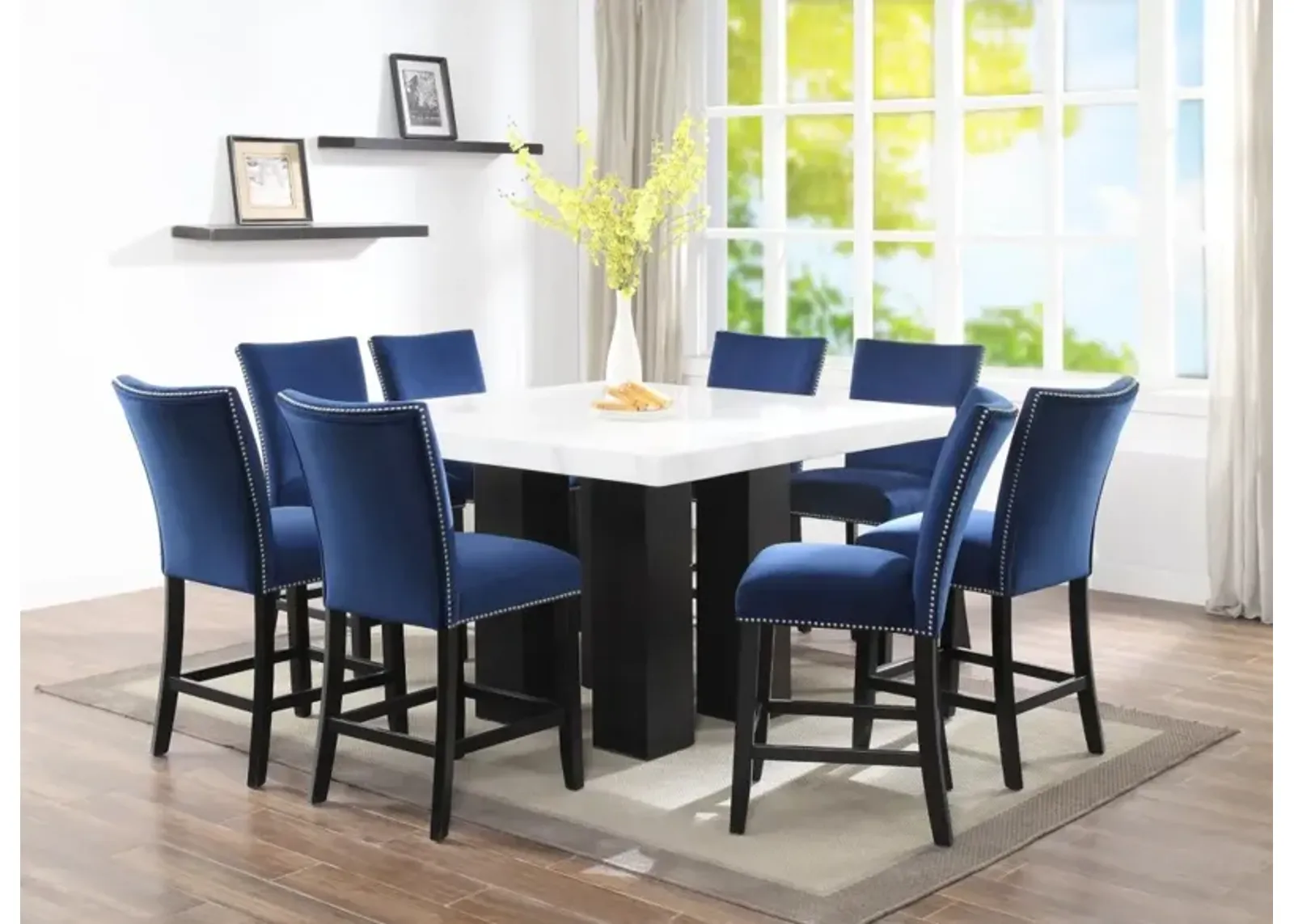 9-Piece Camila Counter Table & 8 Silver Faux-Leather Counter Chairs